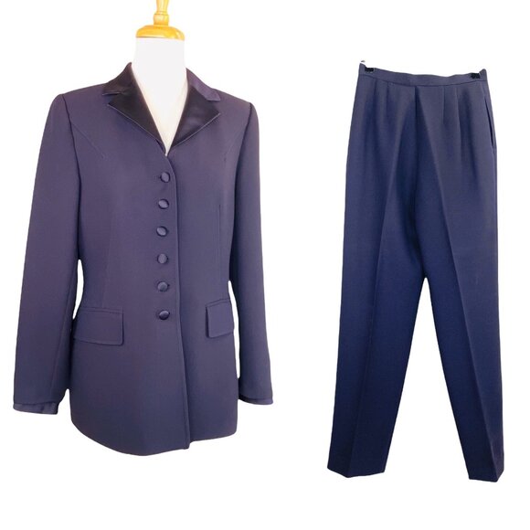 Albert NiponTuxedo Pant Suit Vintage 90s Plum Sz 8 Removable Satin Collar & Cuff - Picture 1 of 11